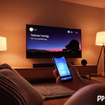 **A cozy living room illuminated by Philips Hue lights, showcasing a warm, relaxing ambiance for reading. In the background, a smartphone displays the Philips Hue app controlling the light settings. The scene emphasizes the personalization and comfort offered by smart lighting.**