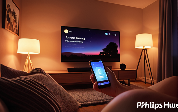 **A cozy living room illuminated by Philips Hue lights, showcasing a warm, relaxing ambiance for reading. In the background, a smartphone displays the Philips Hue app controlling the light settings. The scene emphasizes the personalization and comfort offered by smart lighting.**