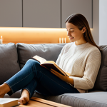 A relaxed adult, fully clothed in comfortable, modest attire, is peacefully reading a book in a modern, elegant living room. The intelligent lighting system creates a warm, inviting amber glow, perfectly adapted for a serene evening atmosphere. The room features soft textures, natural wood accents, and minimalist decor, with subtle integrated technology. Appropriate content, safe for work, perfect anatomy, natural pose, correct proportions, well-formed hands, proper finger count, natural body proportions, professional photography, high quality, family-friendly.