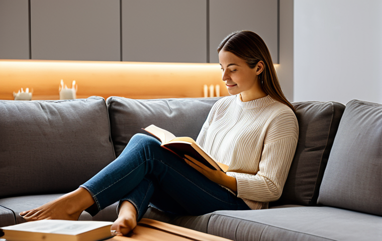 A relaxed adult, fully clothed in comfortable, modest attire, is peacefully reading a book in a modern, elegant living room. The intelligent lighting system creates a warm, inviting amber glow, perfectly adapted for a serene evening atmosphere. The room features soft textures, natural wood accents, and minimalist decor, with subtle integrated technology. Appropriate content, safe for work, perfect anatomy, natural pose, correct proportions, well-formed hands, proper finger count, natural body proportions, professional photography, high quality, family-friendly.