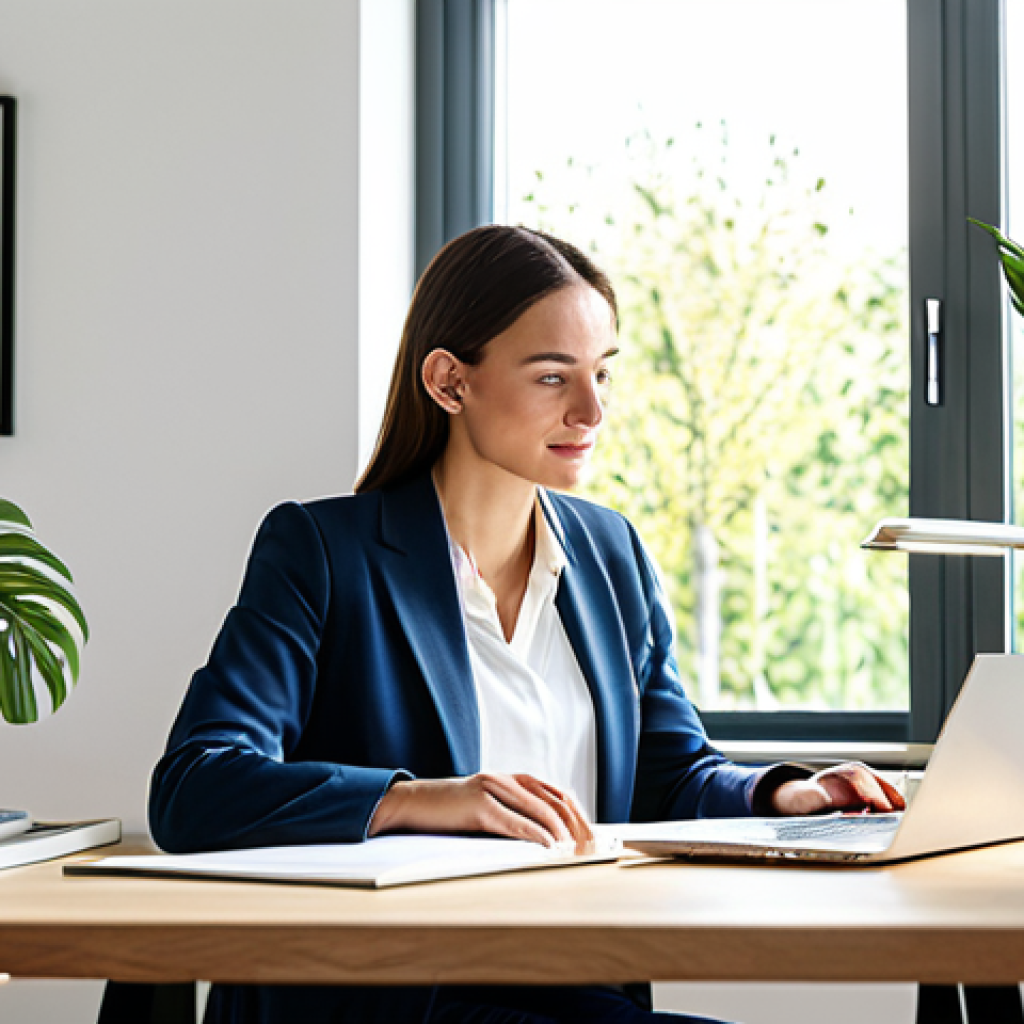 Modern Home Office**

"A professional woman working from home at a bright, minimalist desk, fully clothed in smart casual attire, surrounded by plants and a large window overlooking a sunny garden, safe for work, appropriate content, perfect anatomy, natural pose, well-lit, family-friendly, high resolution."

**