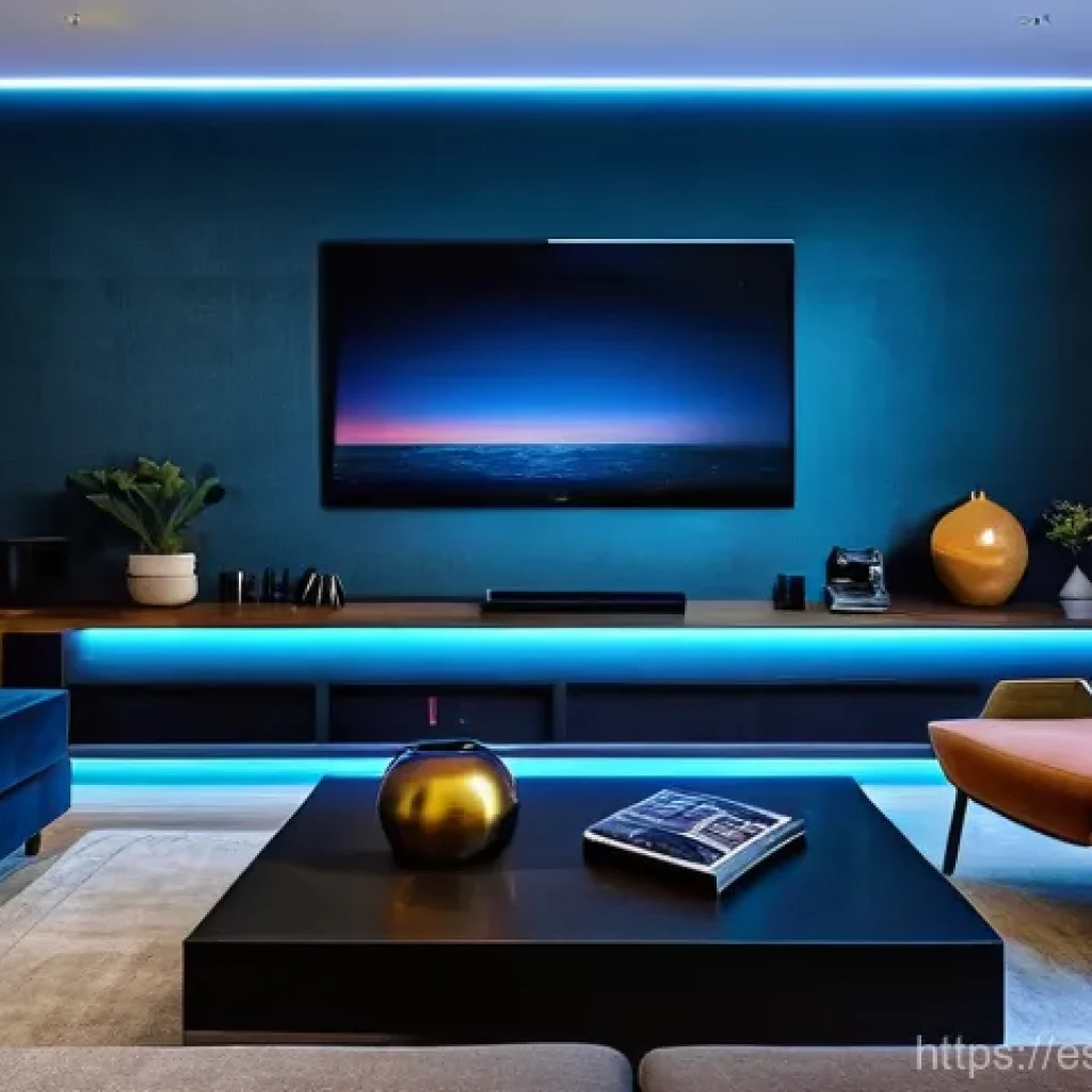 스마트 조명 시스템과 스마트 홈 생태계 - **Intelligent Lighting for a Cozy Evening:**
    "A modern living room bathed in warm, inviting smar...