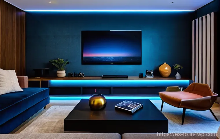 스마트 조명 시스템과 스마트 홈 생태계 - **Intelligent Lighting for a Cozy Evening:**
    "A modern living room bathed in warm, inviting smar...