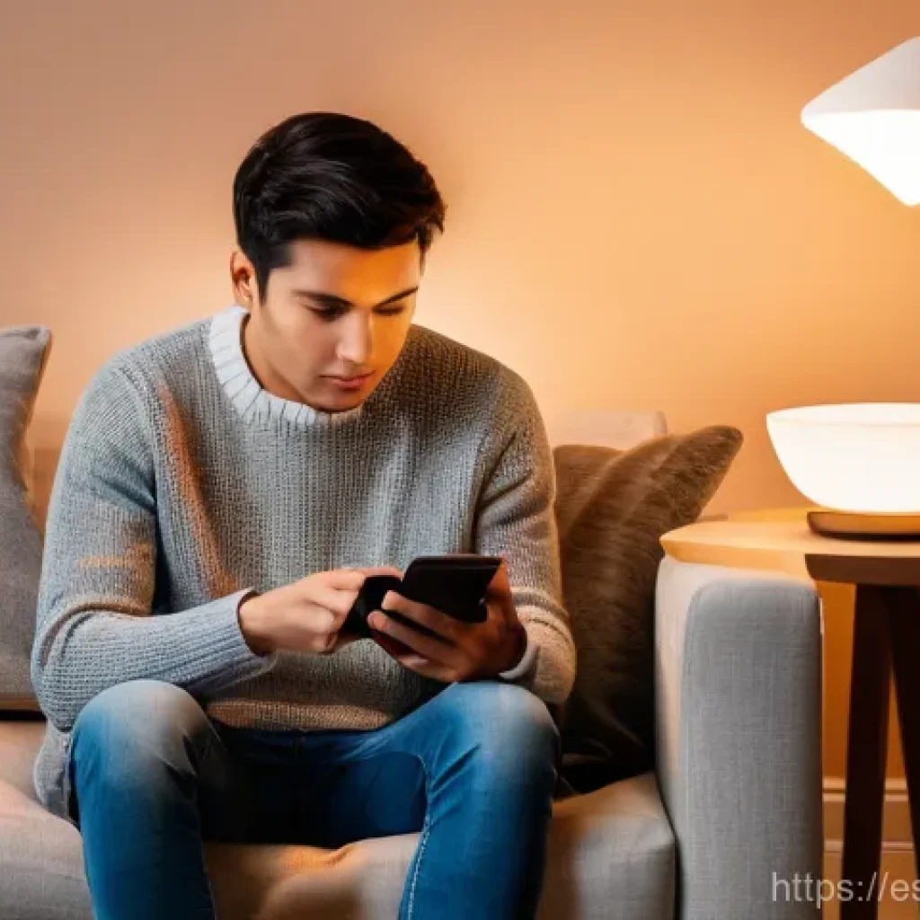 스마트 조명 시스템의 유지보수 비용 산정 - A cozy, modern living room bathed in the soft glow of evening light. A stylish floor lamp with a sma...