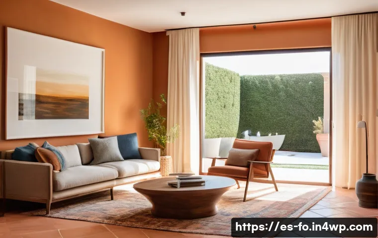 스마트 조명 시스템의 조명 디자인 사례 - A modern Spanish living room bathed in warm, adaptive smart lighting that shifts from soft morning a...