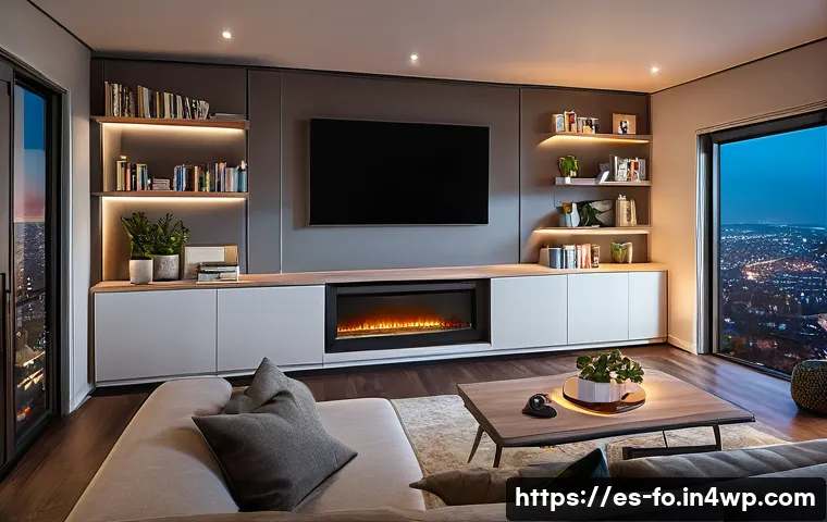 스마트 조명 시스템의 자동화 기능 활용하기 - A modern living room at dusk with smart lighting creating a cozy atmosphere: warm, dimmable LED ligh...
