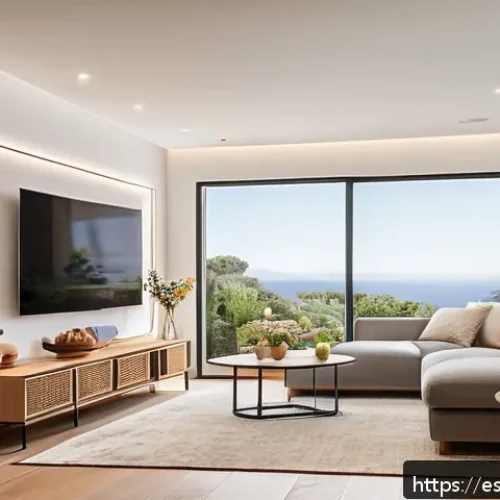 Home 31 스마트 조명 시스템의 시장 동향 - A modern Spanish living room showcasing an advanced smart lighting system integrated with voice assi...