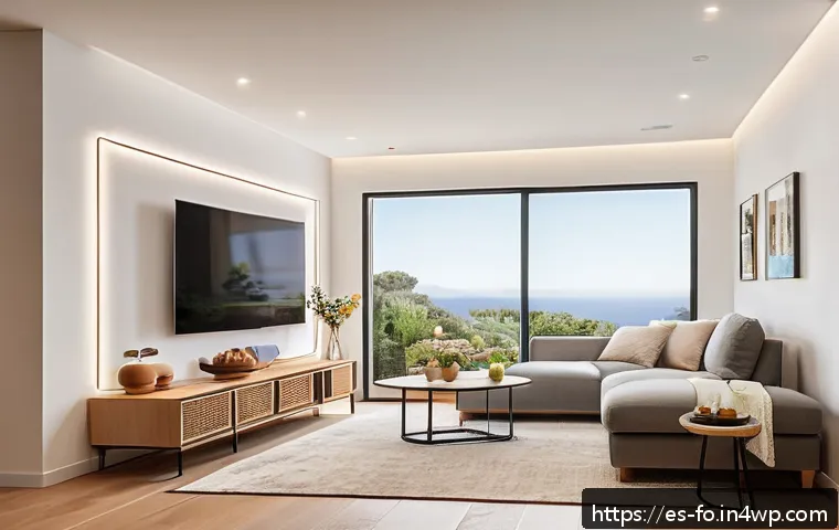 스마트 조명 시스템의 시장 동향 - A modern Spanish living room showcasing an advanced smart lighting system integrated with voice assi...