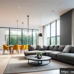 Home 18 스마트 조명 시스템 유지보수 체크리스트 - A modern smart home living room illuminated by intelligent LED lighting, showcasing various light zo...