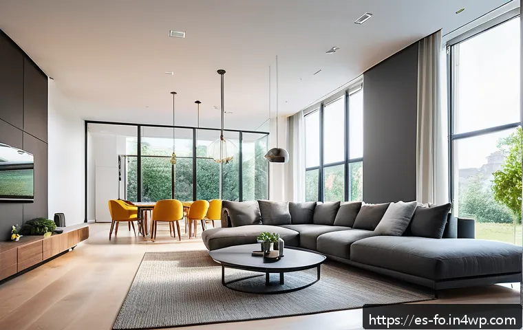 스마트 조명 시스템 유지보수 체크리스트 - A modern smart home living room illuminated by intelligent LED lighting, showcasing various light zo...