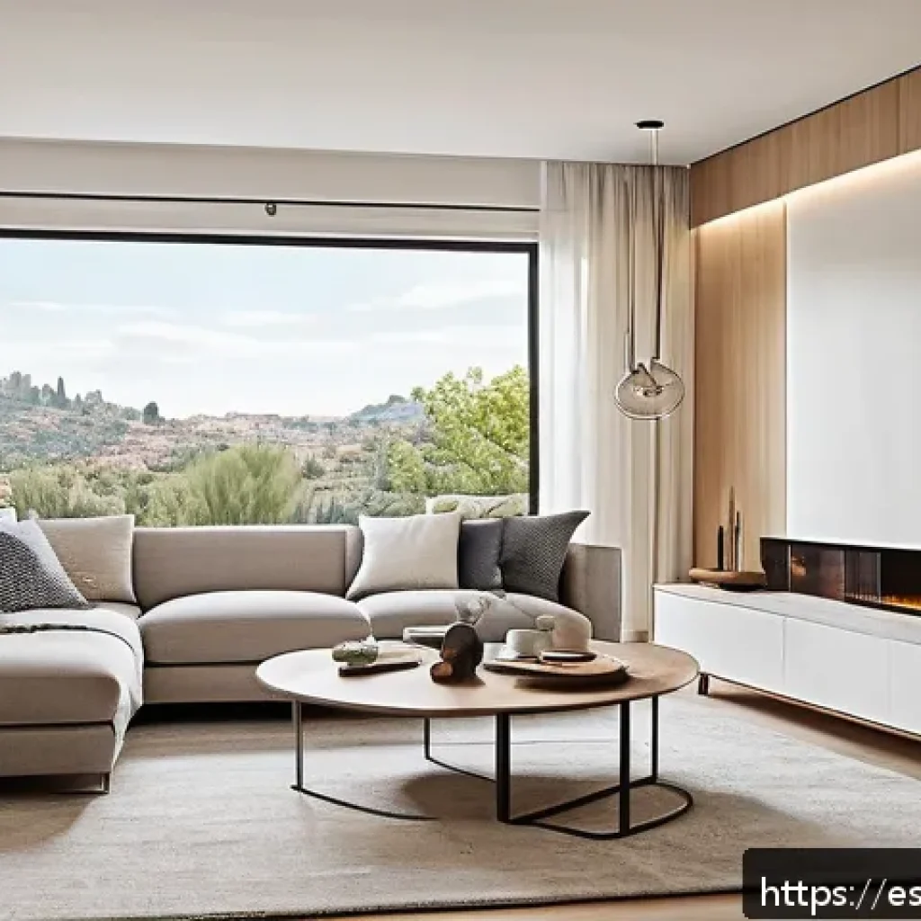 스마트 조명 시스템의 미래 전망 - A modern living room illuminated with adaptive smart lighting, showcasing a sleek setup with adjusta...