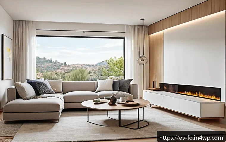 스마트 조명 시스템의 미래 전망 - A modern living room illuminated with adaptive smart lighting, showcasing a sleek setup with adjusta...