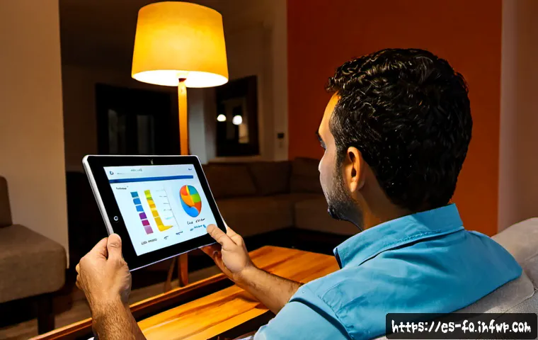 Home 17 스마트 조명 시스템의 데이터 분석 및 활용 - Photorealistic modern Spanish apartment living room at dusk, a family reviewing smart lighting energ...