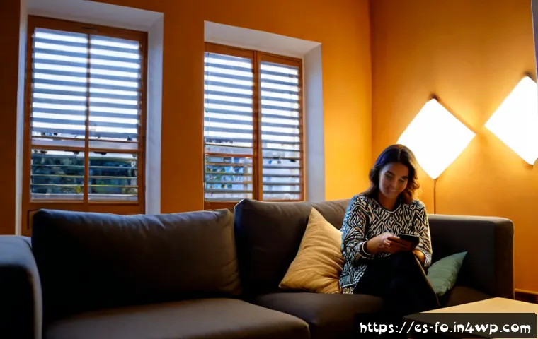 Home 17 스마트 조명 시스템의 원격 제어 기능 - Photorealistic evening living room in a contemporary Spanish apartment, a middle-aged woman comforta...