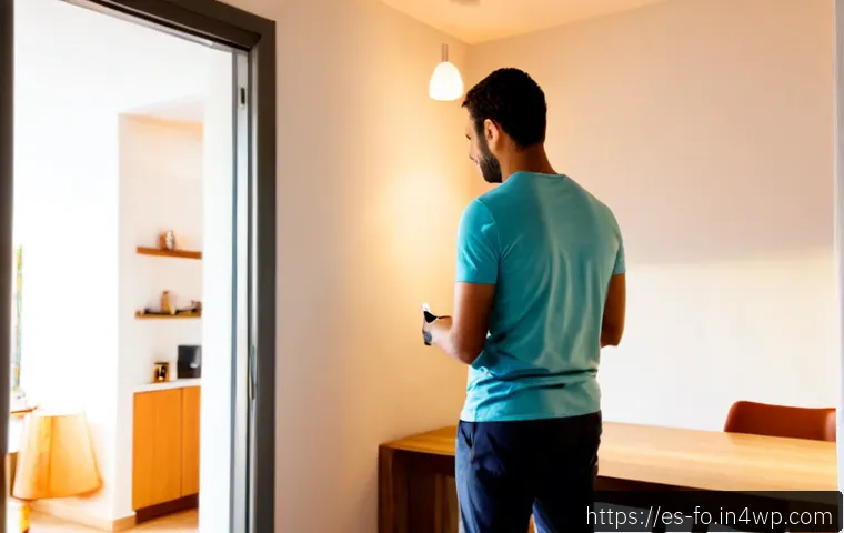 스마트 조명 시스템 설치 가이드 - Photorealistic Spanish apartment living room during smart lighting installation, adult homeowner in ...