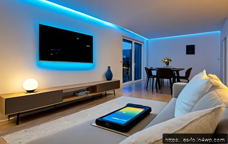 스마트 조명 시스템의 조명 패턴 설정 - Photorealistic modern apartment living room in a Spanish coastal city at dusk, a sleek smart lightin...